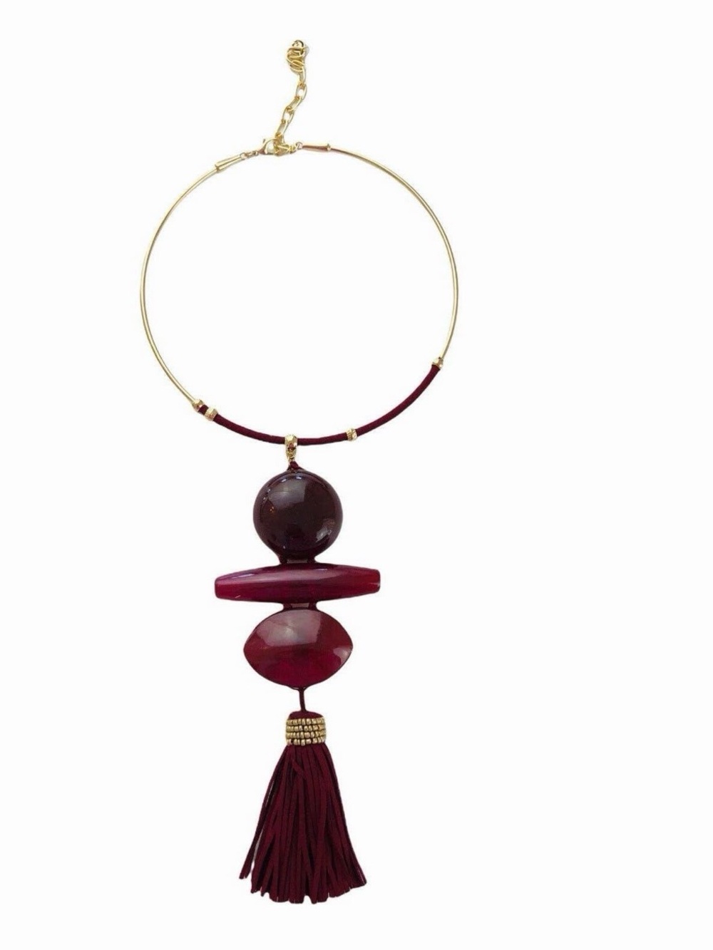 Gold and Burgundy Statement Tassel Necklace - Women Jewelry